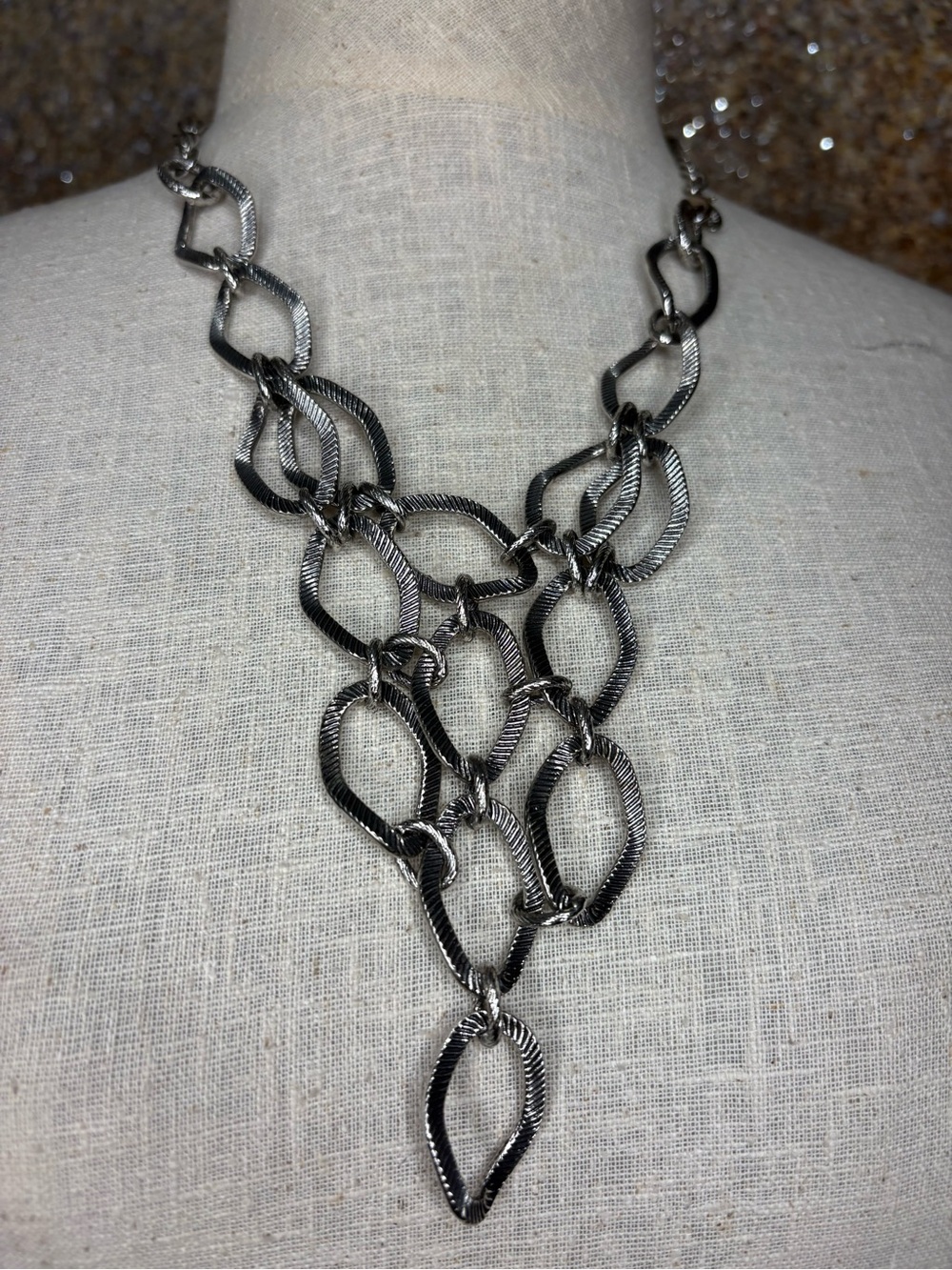 Cookie Lee Silver Tone Textured Geometric Y-Drop Bib Statement Necklace